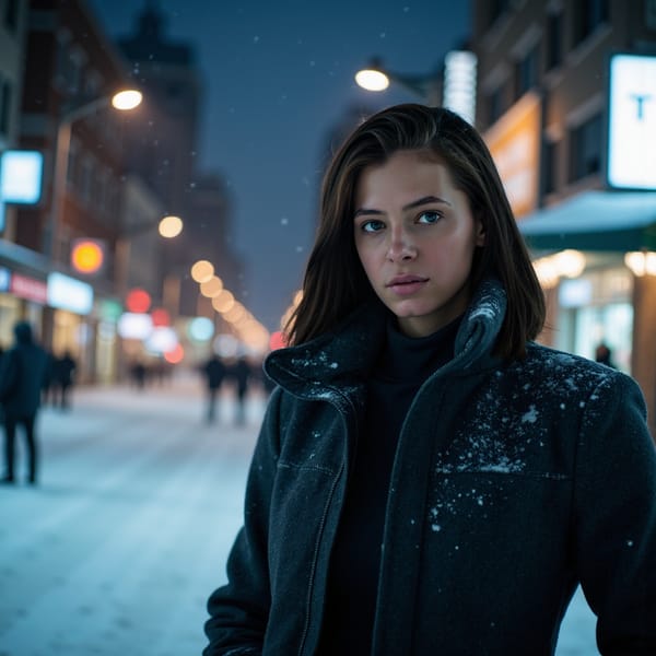 A cinematic winter-night portrait of a woman (early 30s) standing outdoors during light snowfall, waist-up framing, camera at eye level, subject slightly off-center. Hair: long dark hair, loose and lightly dusted with snowflakes. Face: realistic cold-weather skin texture, slightly flushed cheeks, visible breath condensation, focused eyes looking past the camera. Wardrobe: charcoal wool coat with thick texture, high collar framing the face, subtle snow accumulation on shoulders. Lighting: cool blue ambient night light, soft white streetlight as key from above and behind, gentle fill on face. Background: blurred snowy street with soft bokeh lights, no visible signs or people. Camera: 70mm lens, f/2.2, crisp facial detail, smooth snowy bokeh. Mood: restrained, cinematic solitude. Highly detailed, highly realistic, HDR quality, cinematic night lighting, minimal background clutter.