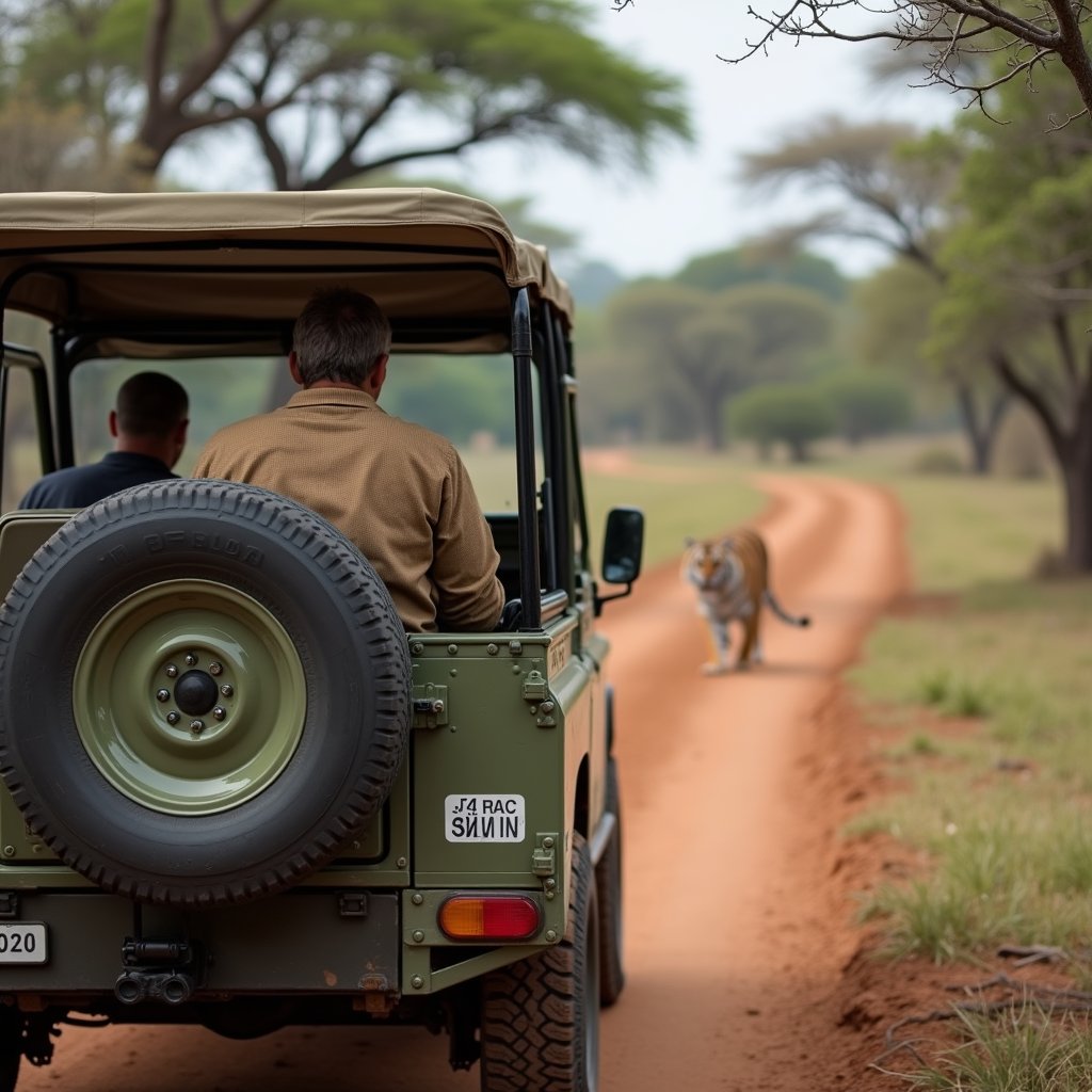 man standing in the back of the safari jeep looking at tigers far away