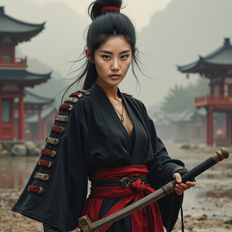 woman in traditional samurai attire, consisting of a hakama and kimono, with a bold, determined expression, sans helmet, posed in a powerful stance, surrounded by a misty, atmospheric background with subtle hints of Japanese architecture.