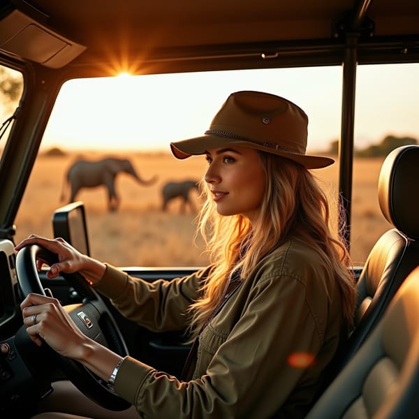woman with enticing allure, donned in a trendy outdoor outfit, behind the wheel of a rugged jeep, set against a breathtaking savannah backdrop with giraffes and elephants roaming freely in the distance, under the warm golden light of an African sunset.