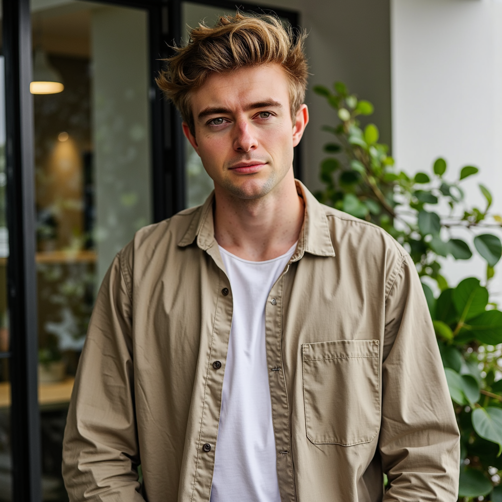 A male subject standing outdoors in open shade, captured in a medium portrait. H