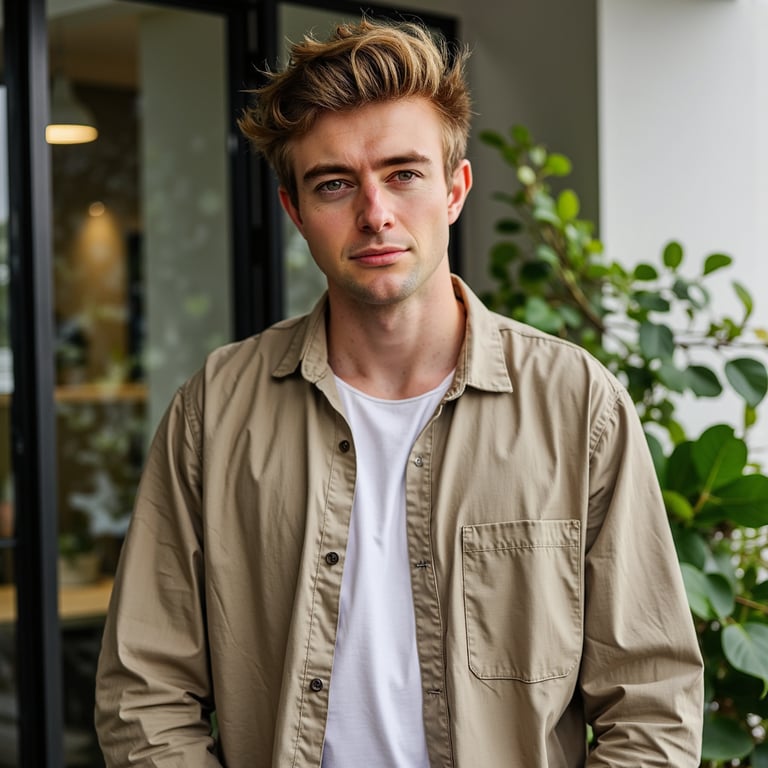 A male subject standing outdoors in open shade, captured in a medium portrait. H