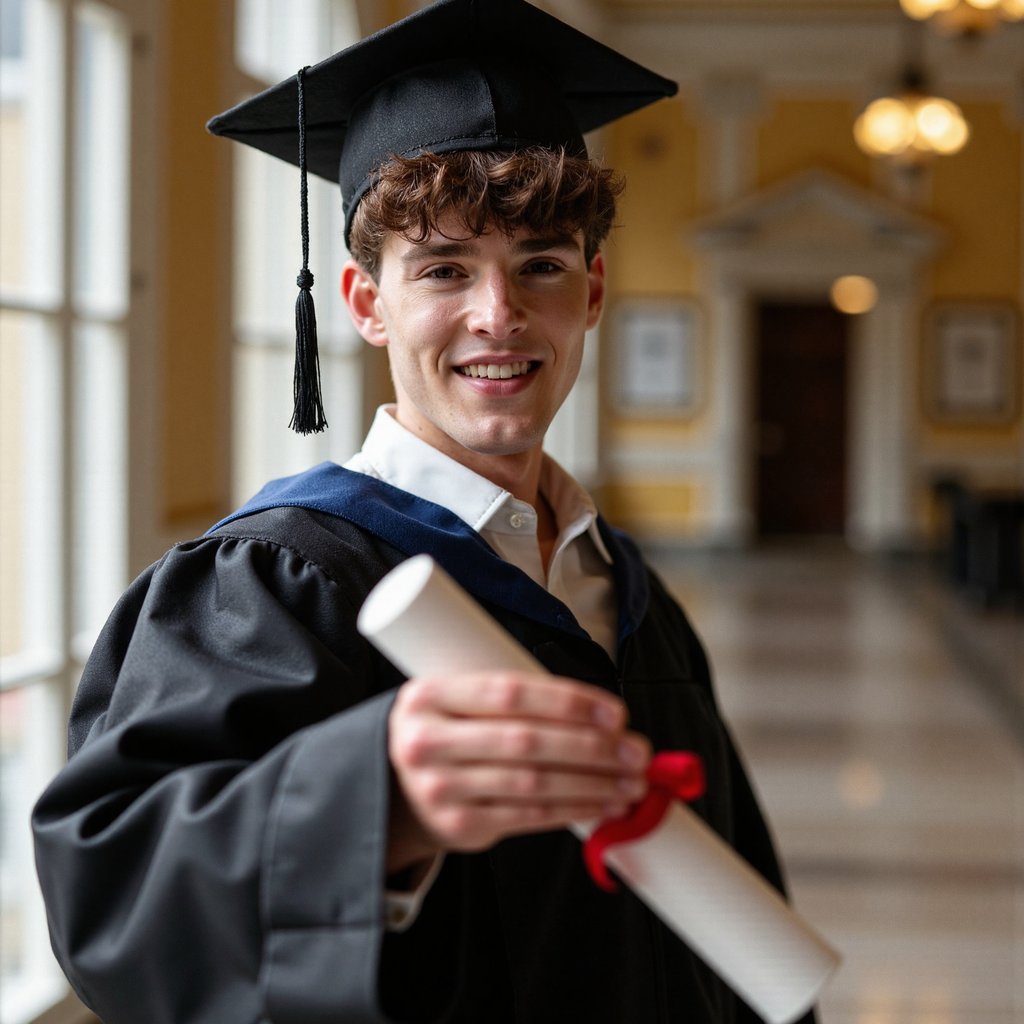 Waist-up portrait of a man graduate holding a rolled diploma forward in one hand while his face remains sharply in focus behind it; slight depth-of-field play where diploma foreground is soft; wearing a black gown with navy hood, neatly combed side-parted hair, light smile; camera at chest level angled slightly upward, 85 mm lens, f/2, ISO 100; directional side light from window to left, warm fill reflector on right; background: faint blurred university hallway with golden accents; textures visible—diploma paper fibers, matte gown folds, silk hood trim; tonal depth clean, highly detailed, highly realistic, HDR rendering.