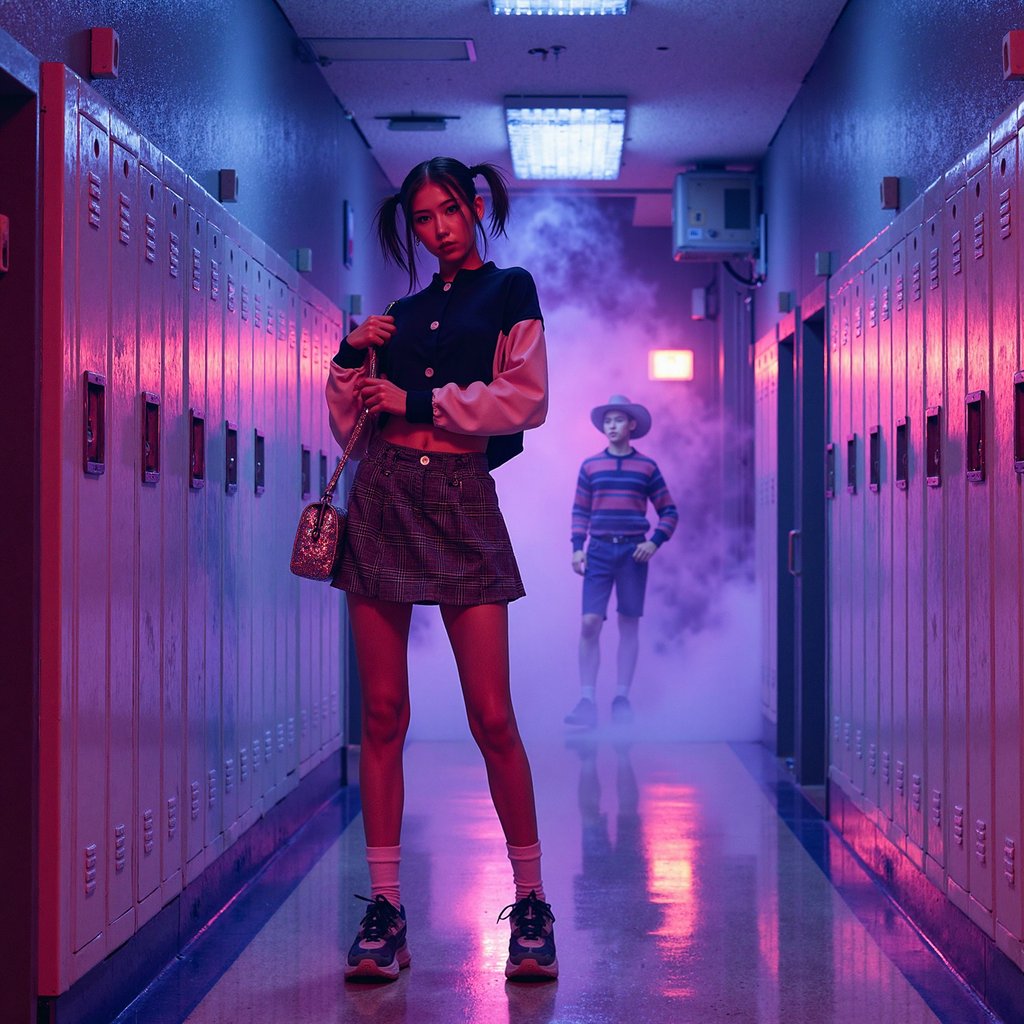 teenage girl stands mid-hall in a dimly lit 90s school corridor lined with lockers. She wears a plaid miniskirt with a cropped varsity jacket, knee-high socks, and chunky platform sneakers. Her hair is styled in two messy side buns with tendrils framing her face, makeup dark with lip liner and clear gloss. She casually grips the strap of her glittery Y2K shoulder bag with one hand while the other hand rests at her side. The overhead lights flicker, casting eerie shadows down the hallway. At the far end, Freddy Krueger’s silhouette is visible, his striped sweater just catching the light.