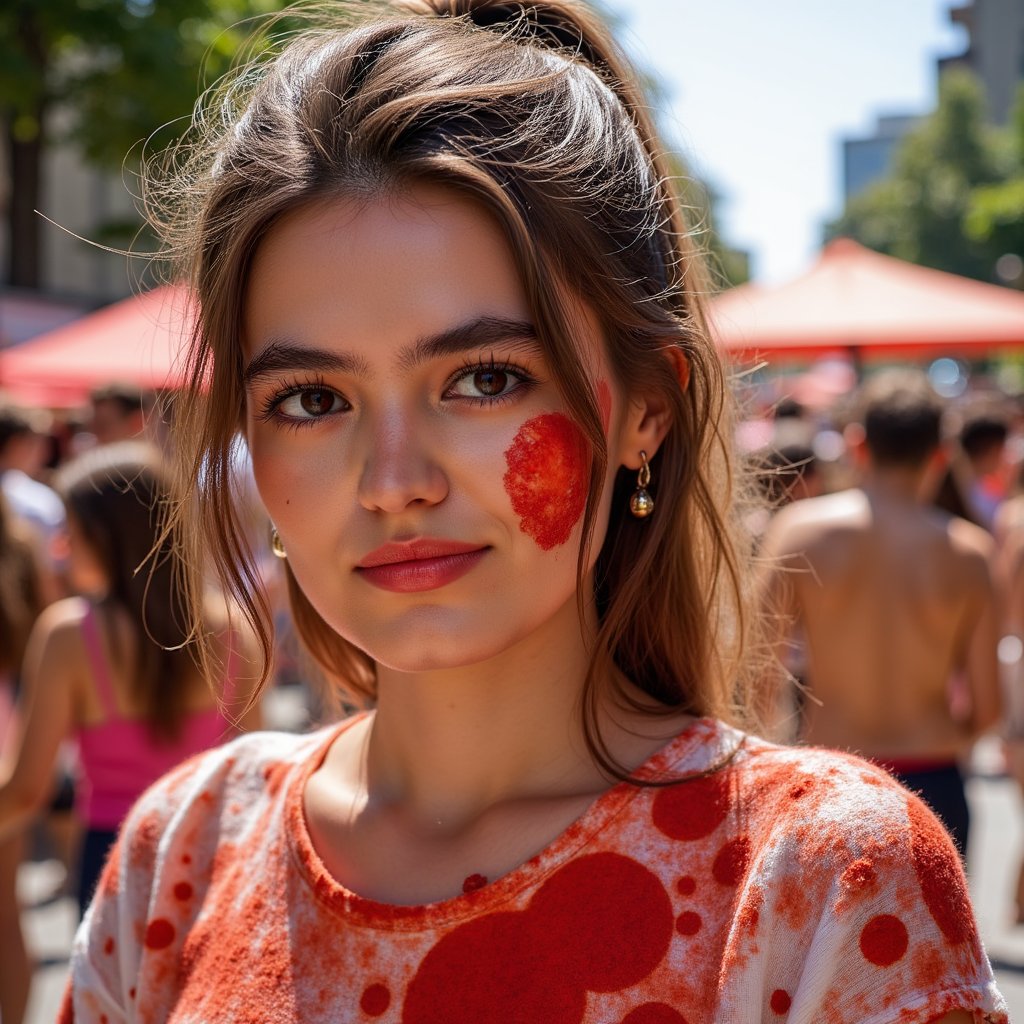 Headshot of a playful woman winking with tomato sauce smeared across one cheek, messy ponytail, red-stained festival shirt, pure La Tomatina joy