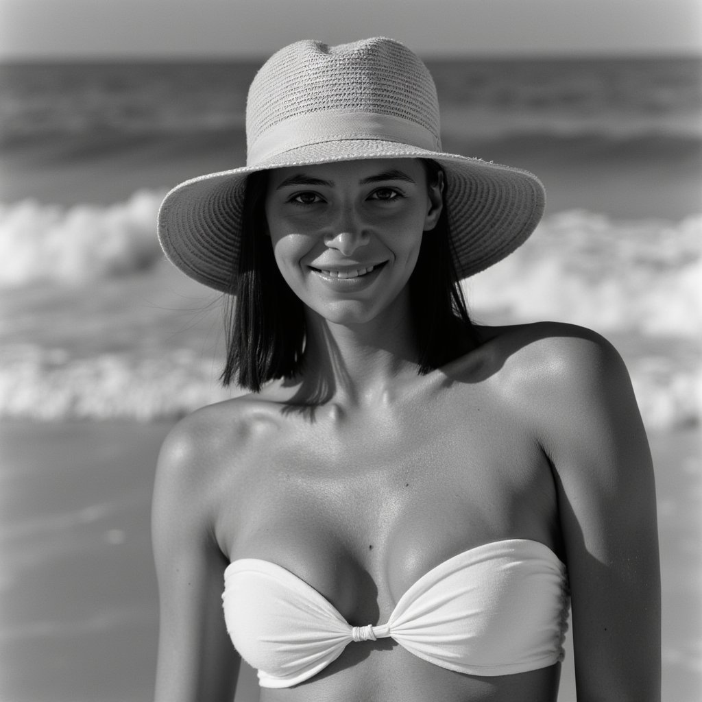 Adult woman — monochrome beachfront close-up portrait (black & white); attire: classic bandeau bikini (matte white) with a wide-brim raffia sunhat; hair: loose waves tucked behind one ear; pose: shoulders angled 20°, eyes to camera with soft smile; camera: 105mm macro used as portrait, f/3.5, ISO 100, 1/1250s; lighting: late-afternoon side light for crisp micro-contrast, white bounce for fill; background: blurred surf line and sky gradient, minimal elements; details: fine weave of hat brim sharply resolved, subtle fabric grain of bandeau, defined yet natural skin texture—no plasticity; style: highly realistic, highly detailed, HDR tonality in B&W, timeless fashion.