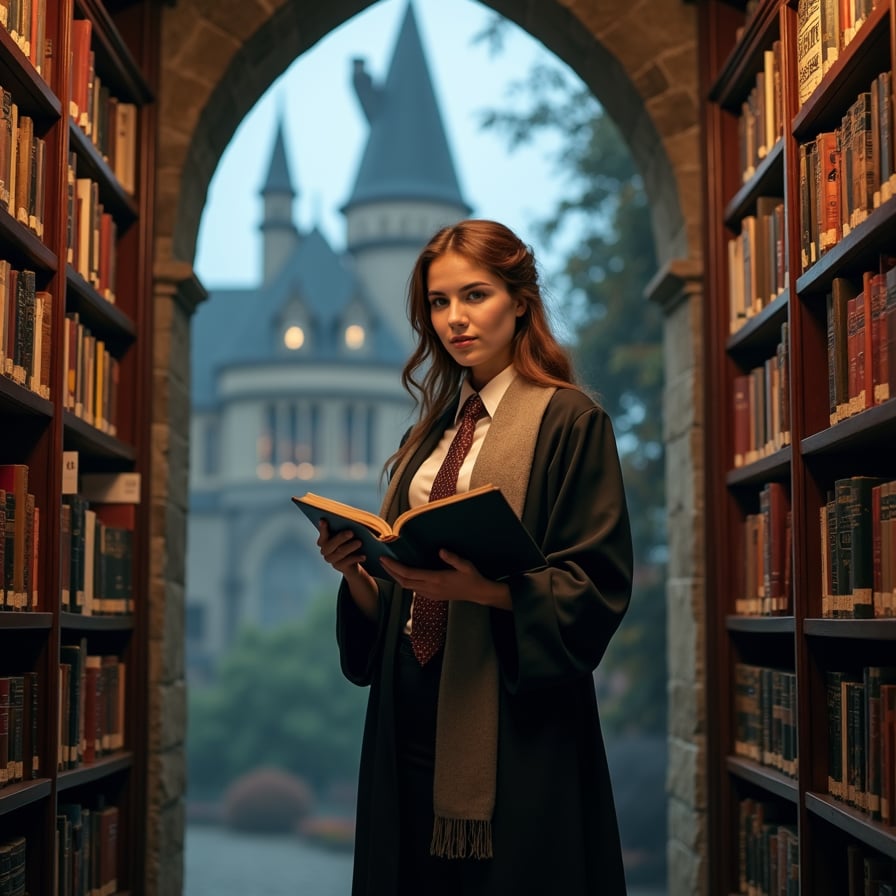 woman wearing a stylish blouse and a skirt or trousers, surrounded by shelves of books, holding a novel or a research paper, under soft, warm lighting, with a subtle background blur of the library's ambient atmosphere