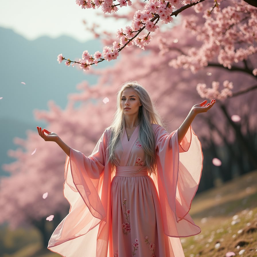A woman with long, silver hair stands on a hill covered in cherry blossoms, her arms outstretched as the wind lifts the petals into the sky. Her flowing gown blends with the sea of pink, creating a mesmerizing, almost surreal scene.