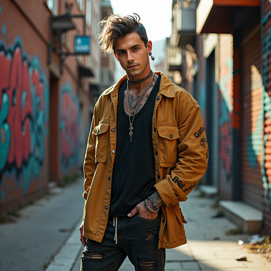 man with a stylish, trendy street style outfit, well-groomed, perfectly combed h