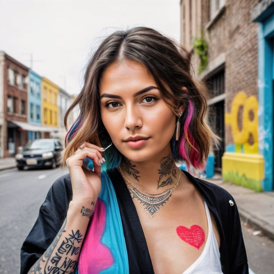Punk style woman, graffiti alley, intricate details, noir vibe.