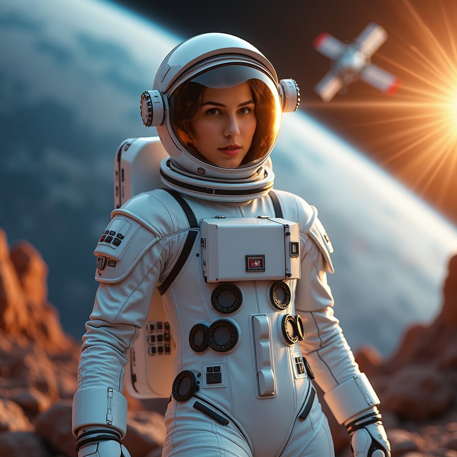 woman in a sleek white spacesuit, surrounded by futuristic tools and machinery, constructing a space base on a distant planet, under the soft glow of LED lights and starry night sky