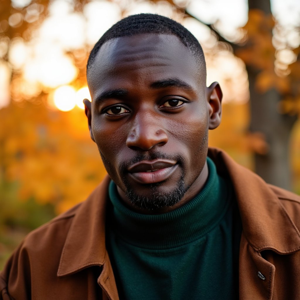Hyperrealistic, highly detailed, HDR close-up portrait of a man (male, ~29 yrs) standing outdoors during golden hour. Camera head-and-shoulders, eye-level. He wears a brown suede jacket over a dark forest-green shirt; light wind slightly moves his short, textured hair. Warm sunlight filters through amber leaves behind, producing a glowing rim light along his shoulders. The background fades into creamy bokeh of gold and burnt-orange tones. His expression calm, faint smile lines around his mouth, eyes softly squinting from light. Fine beard stubble, natural skin tone, suede texture visible in lifelike detail. HDR, high resolution, high quality, highly detailed, photorealistic.