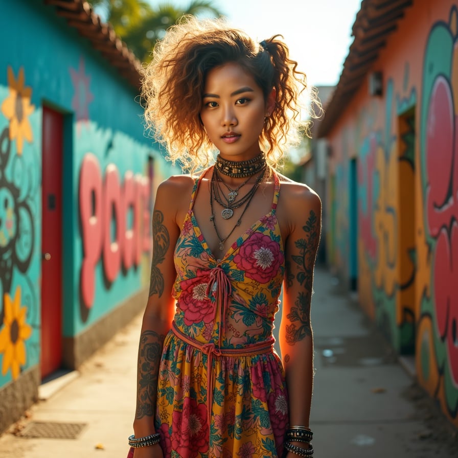 woman wearing vibrant colored dress, exotic floral patterns, curly hair, bright smile, warm sunlight, tropical paradise