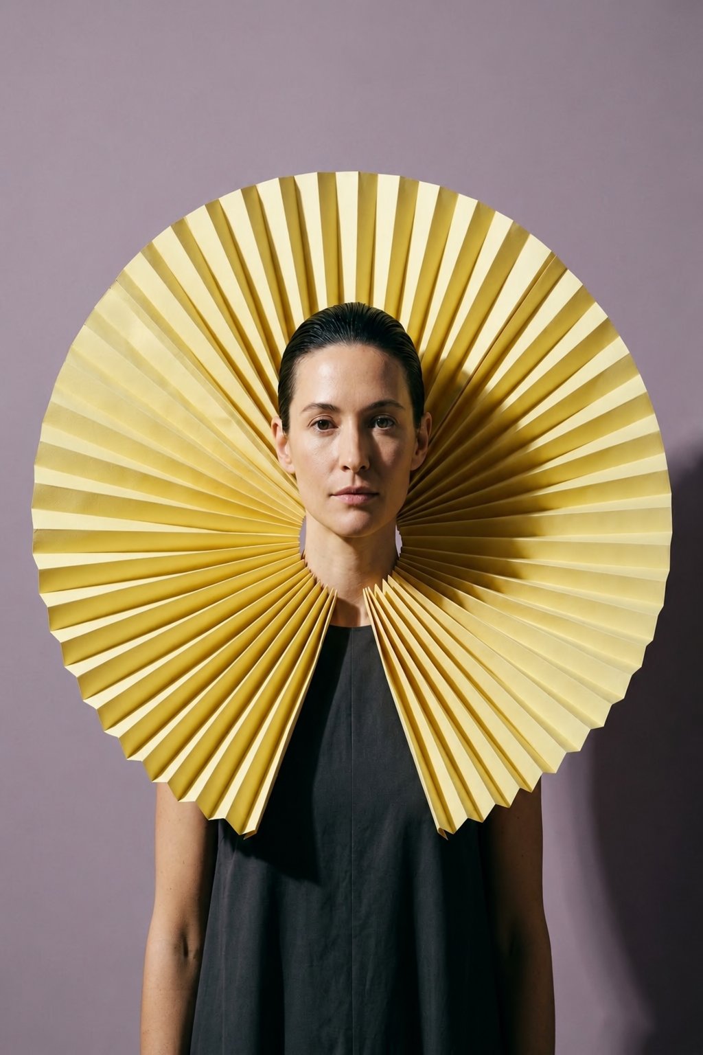 Portrait of a woman in a butter-yellow pleated-paper collar under one hard light with distinct
shadow
edges