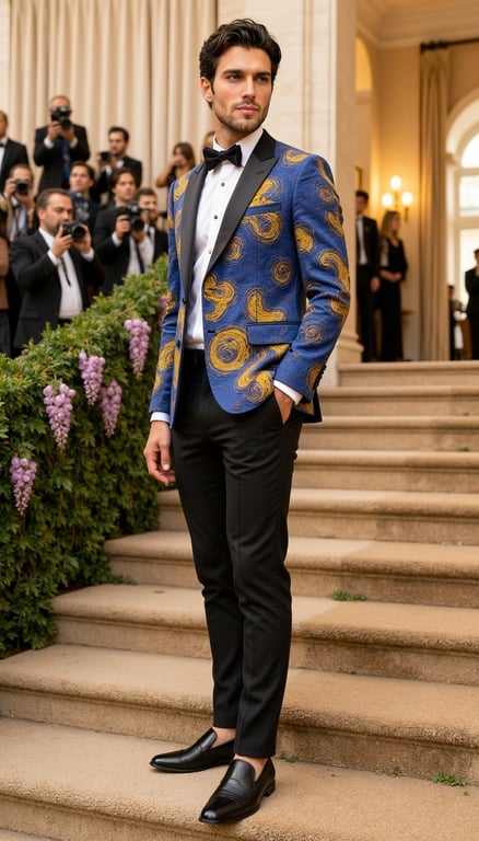 Background: actual 2026 Met Gala setting at the Metropolitan Museum of Art, gran
