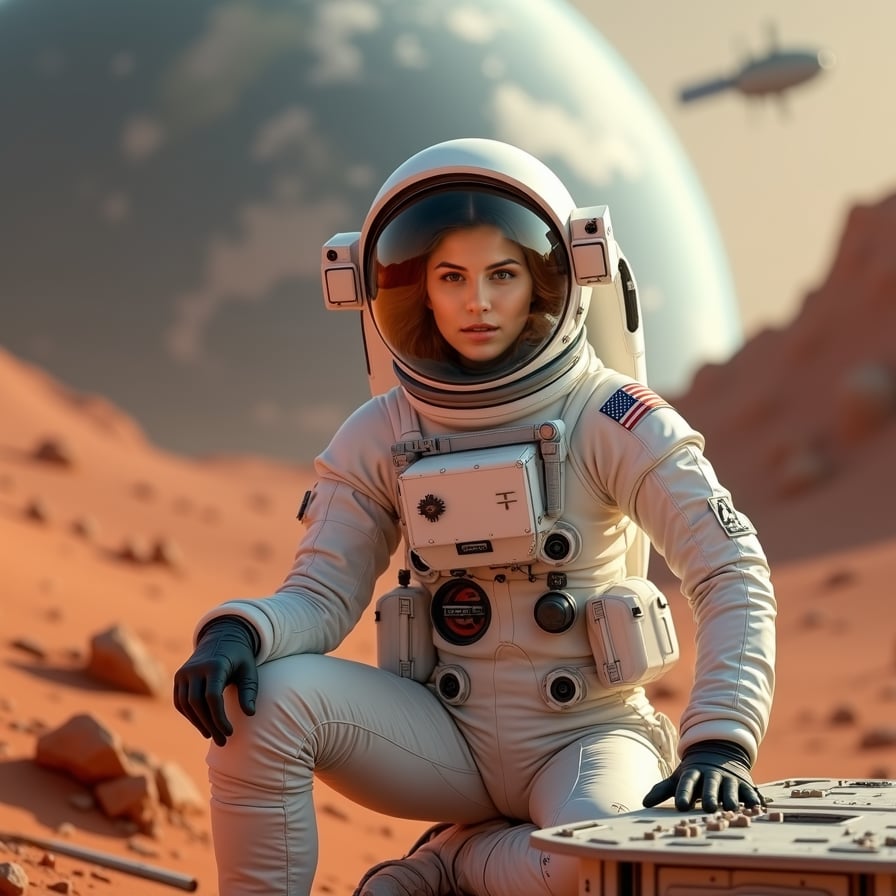 woman wearing a sleek white spacesuit, Mars landscape background with red planet terrain and dust storms, constructing a futuristic habitat module, with tools and components scattered around her, confident pose with a sense of determination and pioneering spirit.