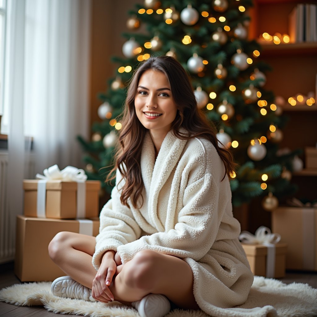 woman with a bright smile, wrapped in a cozy robe and slippers, sitting in front of a beautifully decorated Christmas tree, surrounded by gifts and ornaments, with a joyful atmosphere, early morning soft natural light, festive holiday decorations in the background.