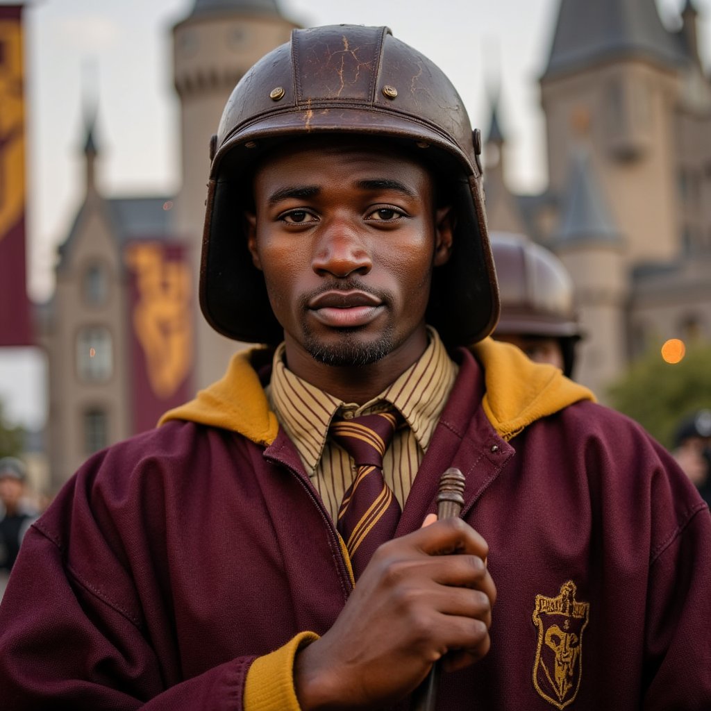 Highly detailed telephoto HDR portrait of a 17-year-old male Quidditch captain with tanned skin and a sweat sheen, strong cheekbones, and determined amber eyes, sandy-brown hair windswept beneath a weathered leather helmet with creases and cracked texture; wearing heavy maroon-and-gold wool Quidditch robes with frayed cuffs and stitched crest, leather gloves gripping a brown Quaffle with deep grain; shot on a Canon 1DX Mark III with a 135mm f/2.8 lens from slightly above eye level for intimate feel, aperture f/2.8 for compressed background; late-afternoon golden sunlight as rim light, diffused front key to preserve skin detail; background of blurred stadium banners in deep maroon and gold.