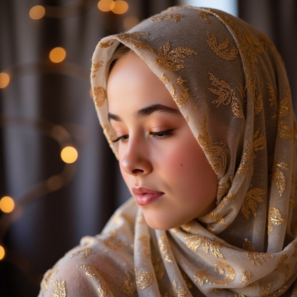 Close-up headshot of a woman in an elegant hijab with gold embroidery, eyes closed in reflection, soft background lights resembling Mawlid night ambiance