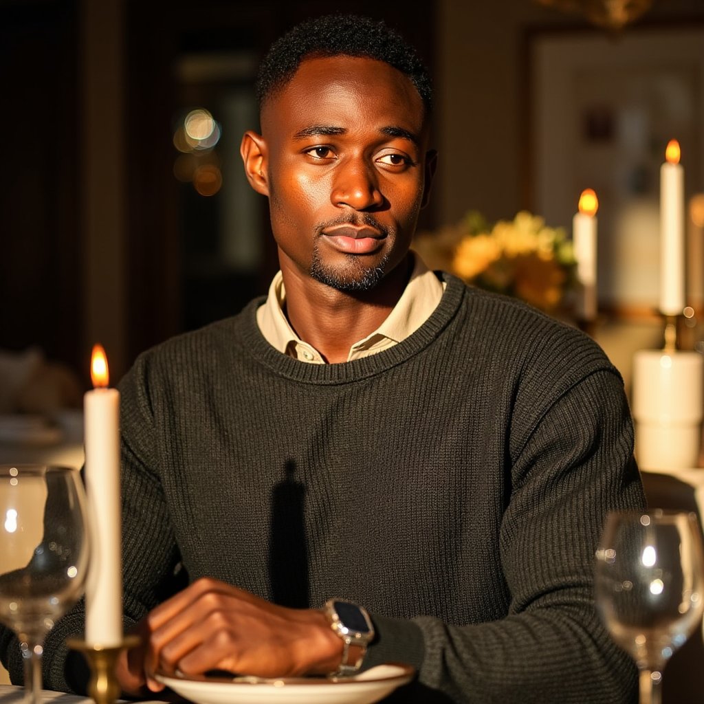 Hyperrealistic, highly detailed HDR image of a man (male, ~37 yrs) captured waist-up at a dinner table, side-lit by several tall candles on the right. He wears a textured charcoal knit sweater layered over a light beige shirt, collar slightly visible. His hair is neatly styled, faint stubble visible. The soft golden light contours his face, creating contrast between illuminated and shadowed sides. Background softly blurred: bokeh of a chandelier, faint reflections from glassware. His expression is thoughtful and content. Fine fabric fibers, skin pores, and reflections on crystal surfaces visible. Warm cinematic Thanksgiving atmosphere. HDR, high resolution, high quality, highly detailed, photorealistic.