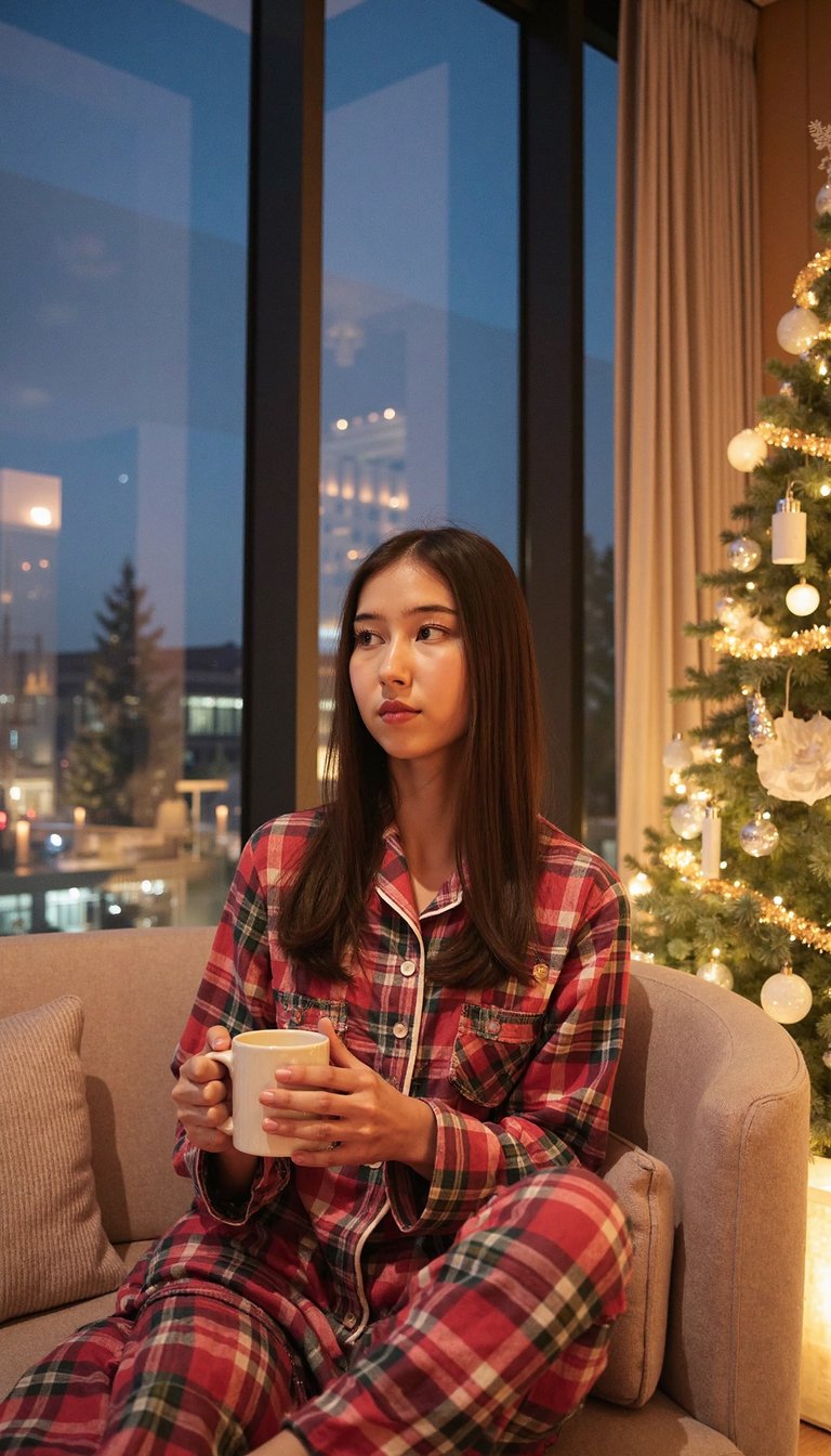 woman wearing soft red and green plaid flannel pajamas with white piping details. She is seated comfortably on a plush, cream-colored sofa, her hands delicately wrapped around a ceramic mug of hot cocoa which rests on her lap. She gazes contemplatively towards a large window revealing a cool blue winter night with soft, distant city lights. The warm glow of the room is cast upon her face, and the blurred Christmas tree lights create a beautiful golden bokeh. Cinematic portrait framing, shallow depth of field, ultra-detailed, highly realistic, HDR.