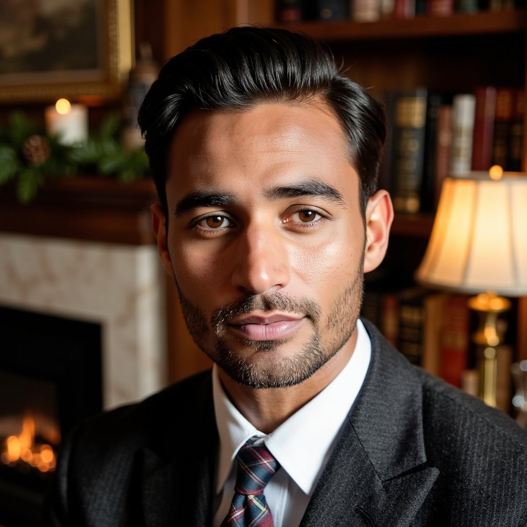 Close-up portrait of a man in an oak-paneled library, ambient light from a brass desk lamp. Hairstyle: side-part, soft wave; clean-shaven. Attire: dark tweed blazer, crisp white shirt, tartan tie. Fabric details: visible herringbone texture, tie weave, cotton thread. Camera: eye-level, 85mm, f/1.6 for gentle blur. Lighting: single tungsten lamp key + low ambient fill. Background: blurred shelves of books, muted garland with pinecones, brass lamp glow. Pose: neutral, composed, looking slightly away. Render: highly detailed, highly realistic, HDR; lifelike reflections in eyes, detailed fabric fibers, warm tonal contrast.