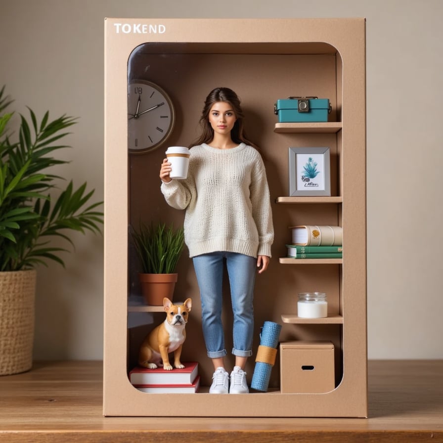 Relaxed woman in oversized sweater, holding a coffee, surrounded by books and a yoga mat, in beige packaging