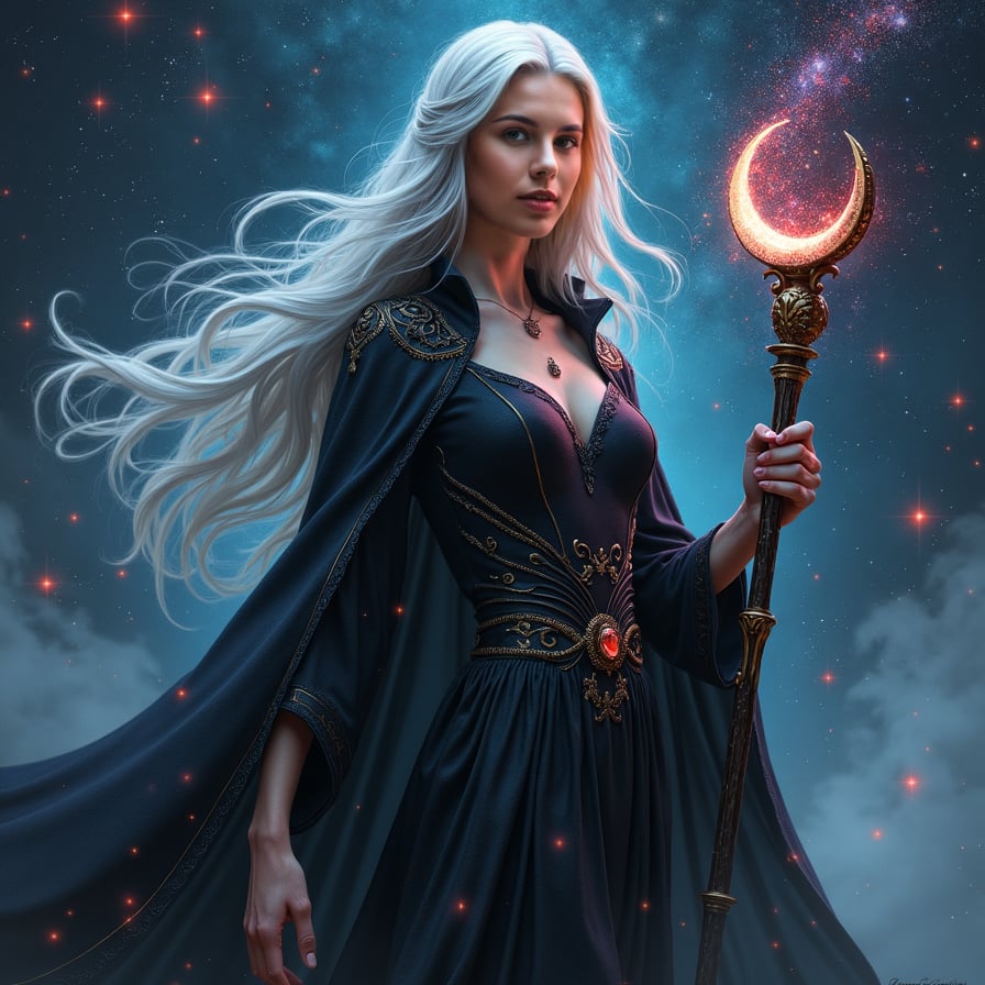 Illustrate a celestial vampire sorceress floating in a night sky filled with stars and swirling nebulas. Her long silver hair blends with the constellations, and her skin glows faintly as if reflecting moonlight. She wears a mystical gown with shimmering, galaxy-like patterns and holds an ancient, glowing staff with a crescent moon symbol. Her expression is serene but intense, and the stars around her pulse with an eerie, supernatural energy.