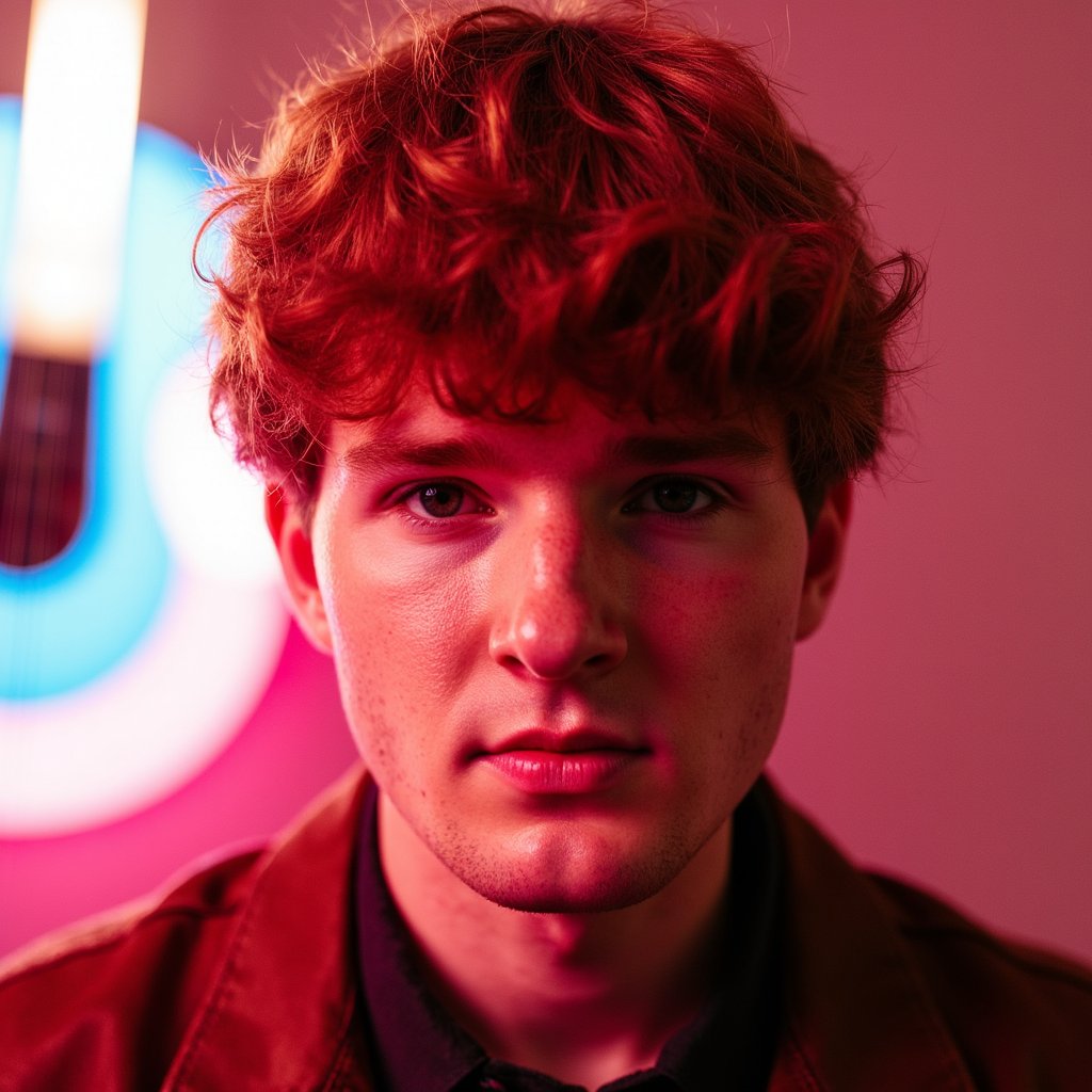 Editorial-style headshot of a male artist looking directly at the camera, acoustic guitar blurred in background, warm tones, reflecting Ed Sheeran’s raw and honest vibe