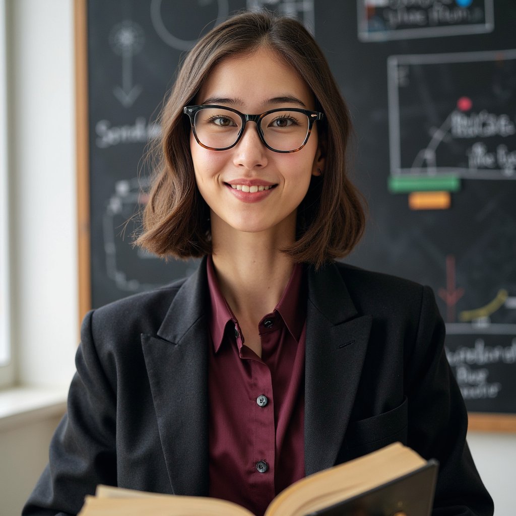 Highly realistic HDR portrait of a woman professor with salt-and-pepper bob hairstyle; dark wool blazer over a jewel-tone silk blouse; fine-rimmed glasses. Camera: 85mm lens, f/2.0, ISO 250, chest-up, shot from slightly below eye level for authority. Lighting: natural window daylight as key, subtle fill from white wall; shadow defines cheekbones and jawline. Pose: holding an open book at chest height, warm attentive smile. Background: blurred chalkboard with neat diagrams and a few colorful markers, minimal clutter.
