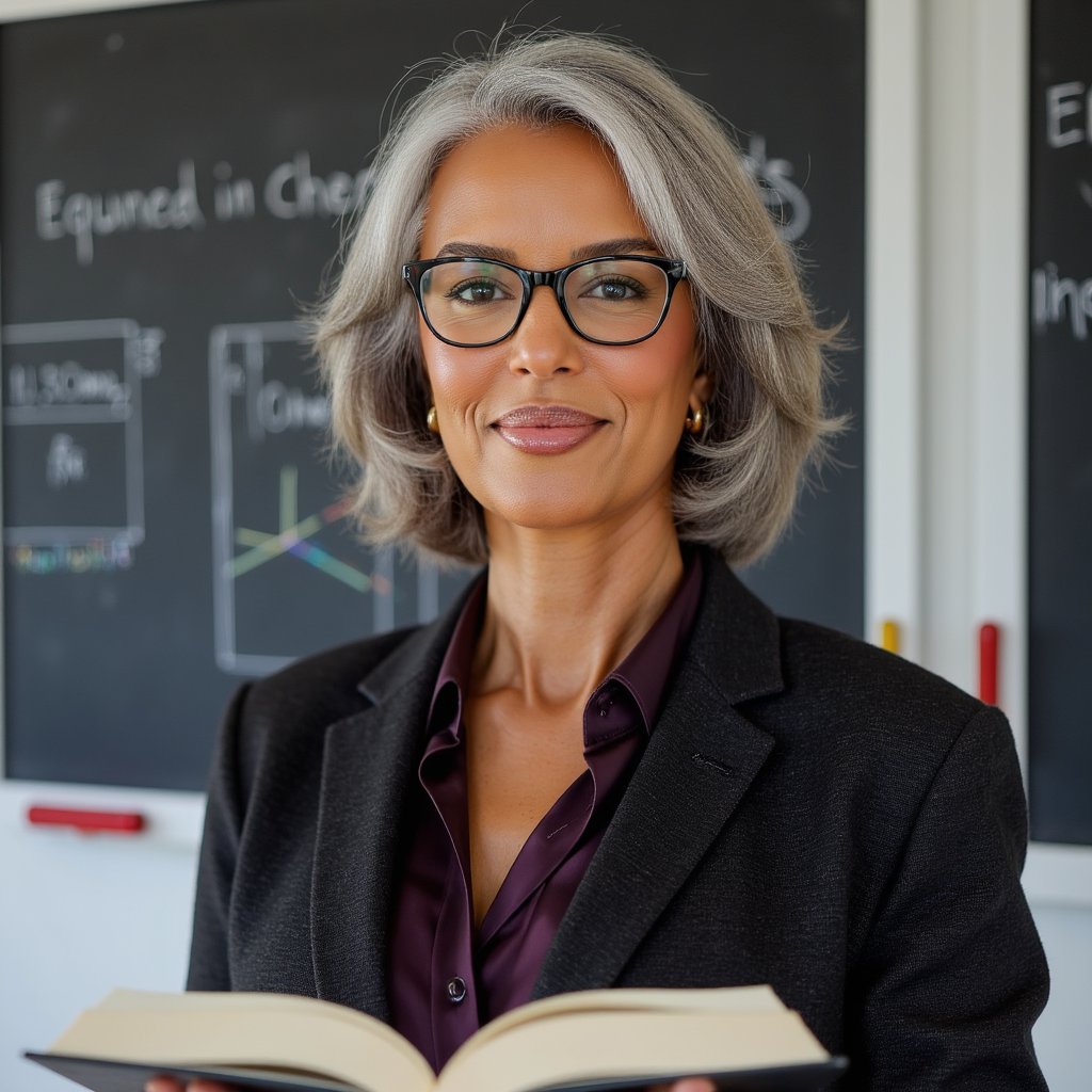 Highly realistic HDR portrait of a woman professor with salt-and-pepper bob hairstyle; dark wool blazer over a jewel-tone silk blouse; fine-rimmed glasses. Camera: 85mm lens, f/2.0, ISO 250, chest-up, shot from slightly below eye level for authority. Lighting: natural window daylight as key, subtle fill from white wall; shadow defines cheekbones and jawline. Pose: holding an open book at chest height, warm attentive smile. Background: blurred chalkboard with neat diagrams and a few colorful markers, minimal clutter.