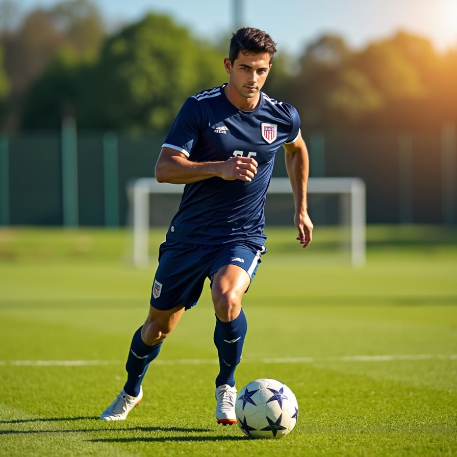 man in athletic wear, focused expression, expertly dribbling a football, poised in a dynamic stance on a lush green field under a clear blue sky.