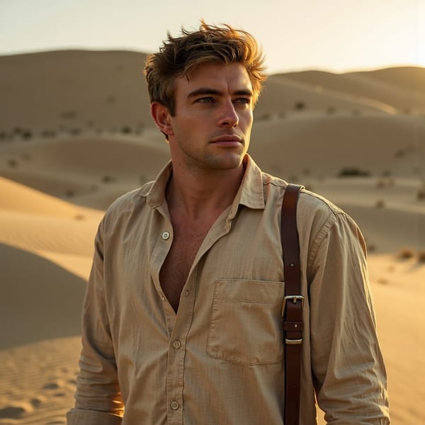 A cinematic portrait of a man (early 30s) in a vast desert at sunrise, waist-up framing, camera at eye level with a slight three-quarter turn of the shoulders. He has short textured hair slightly messy from wind, trimmed stubble, realistic sunlit skin with fine pores and subtle dryness near lips, focused expression with squint from light. Wardrobe: sand-colored linen shirt partially unbuttoned, fabric weave clearly visible, light wrinkles, a thin leather strap across shoulder. Lighting: golden sunrise key light from low horizon, soft shadows across cheekbones, gentle fill bounced from sand, faint dust particles in the air catching light. Background: smooth dunes with soft leading lines, distant ridge slightly blurred, clean sky gradient, no objects. Camera: 50mm lens, f/2.2, moderate depth of field, crisp face, gentle background blur, cinematic contrast. Highly detailed, highly realistic, HDR quality, cinematic realism, minimal clutter, subtle filmic tones.