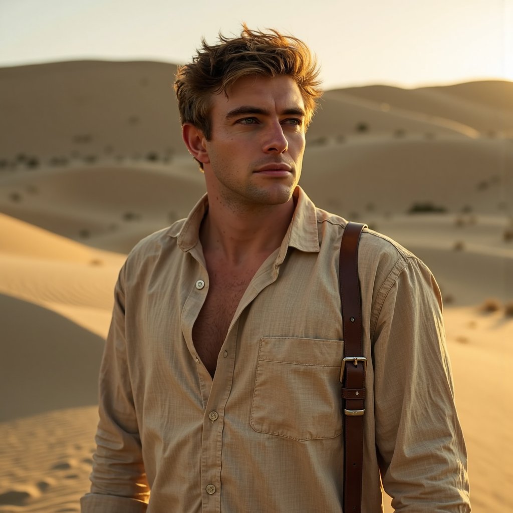 A cinematic portrait of a man (early 30s) in a vast desert at sunrise, waist-up framing, camera at eye level with a slight three-quarter turn of the shoulders. He has short textured hair slightly messy from wind, trimmed stubble, realistic sunlit skin with fine pores and subtle dryness near lips, focused expression with squint from light. Wardrobe: sand-colored linen shirt partially unbuttoned, fabric weave clearly visible, light wrinkles, a thin leather strap across shoulder. Lighting: golden sunrise key light from low horizon, soft shadows across cheekbones, gentle fill bounced from sand, faint dust particles in the air catching light. Background: smooth dunes with soft leading lines, distant ridge slightly blurred, clean sky gradient, no objects. Camera: 50mm lens, f/2.2, moderate depth of field, crisp face, gentle background blur, cinematic contrast. Highly detailed, highly realistic, HDR quality, cinematic realism, minimal clutter, subtle filmic tones.