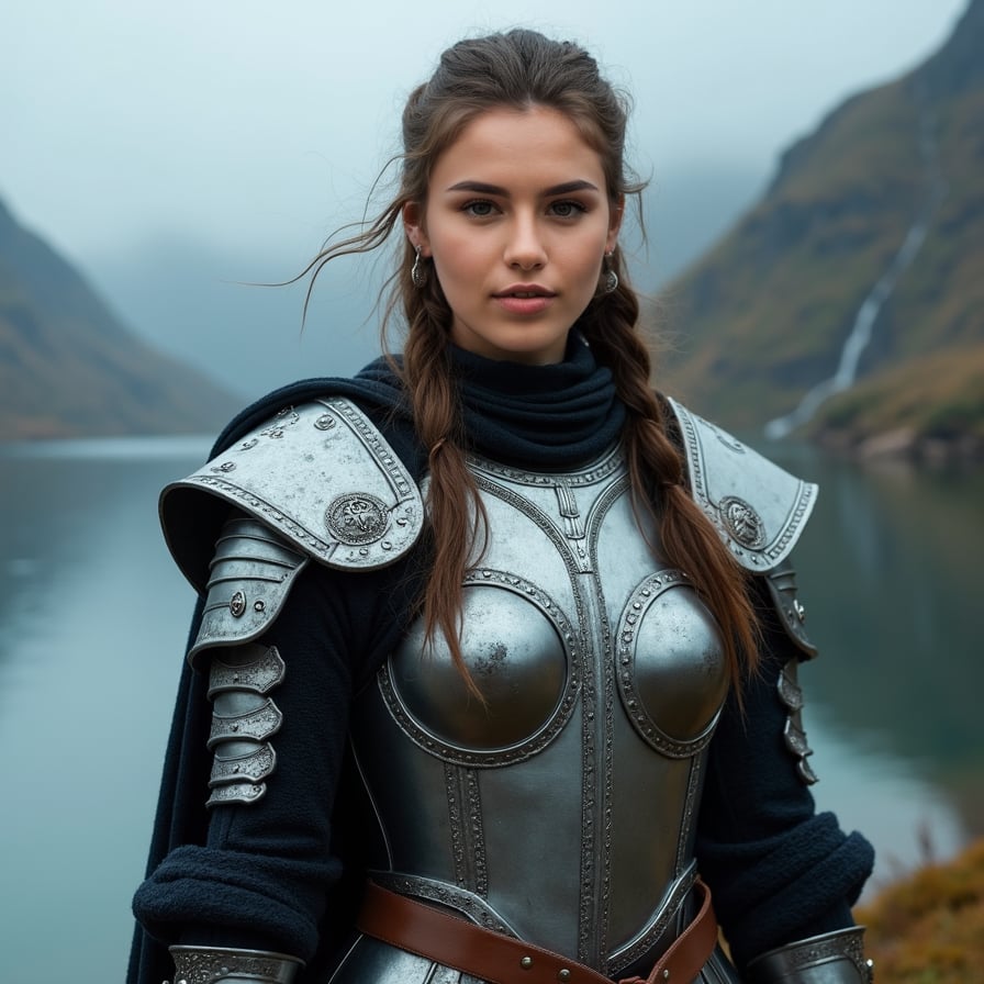 Fierce Viking woman, armor, Northern landscape, warrior vibe.