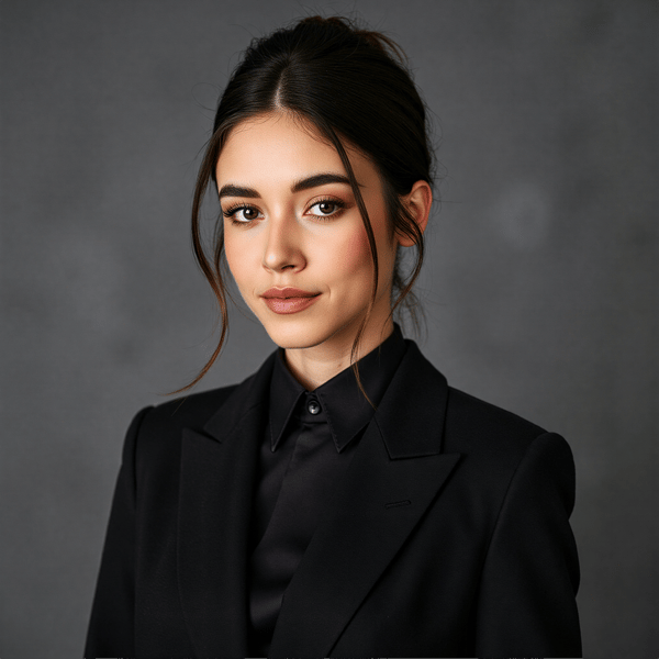 A highly realistic passport photo of a young woman, framed in a waist-up shot. She wears a tailored black blazer with a high-collared blouse, emphasizing a clean, polished look. Her hair is styled in a simple, neat updo, with a few loose strands framing her face. The lighting is soft and even, with a slight light falloff at the edges to create depth. The background is a soft gray with a minimal blur, ensuring the subject remains the focal point. The image is captured at eye level, with the camera slightly to the left, capturing her from a slight angle while maintaining a neutral, professional expression. The fabric of her blouse and jacket are highly detailed, with subtle texture visible. The shot is HDR for perfect clarity, showcasing her detailed features and clothing.