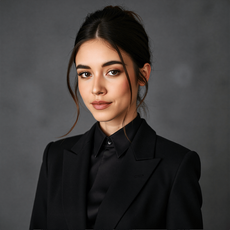A highly realistic passport photo of a young woman, framed in a waist-up shot. S