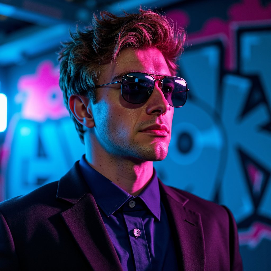 man wearing sleek, reflective black aviator sunglasses, bathed in dynamic blue and pink side-lighting, showcasing subtle wet highlights on his skin and the sharp detail of his facial pores. He stands in a tight headshot against a softly blurred neon graffiti wall.