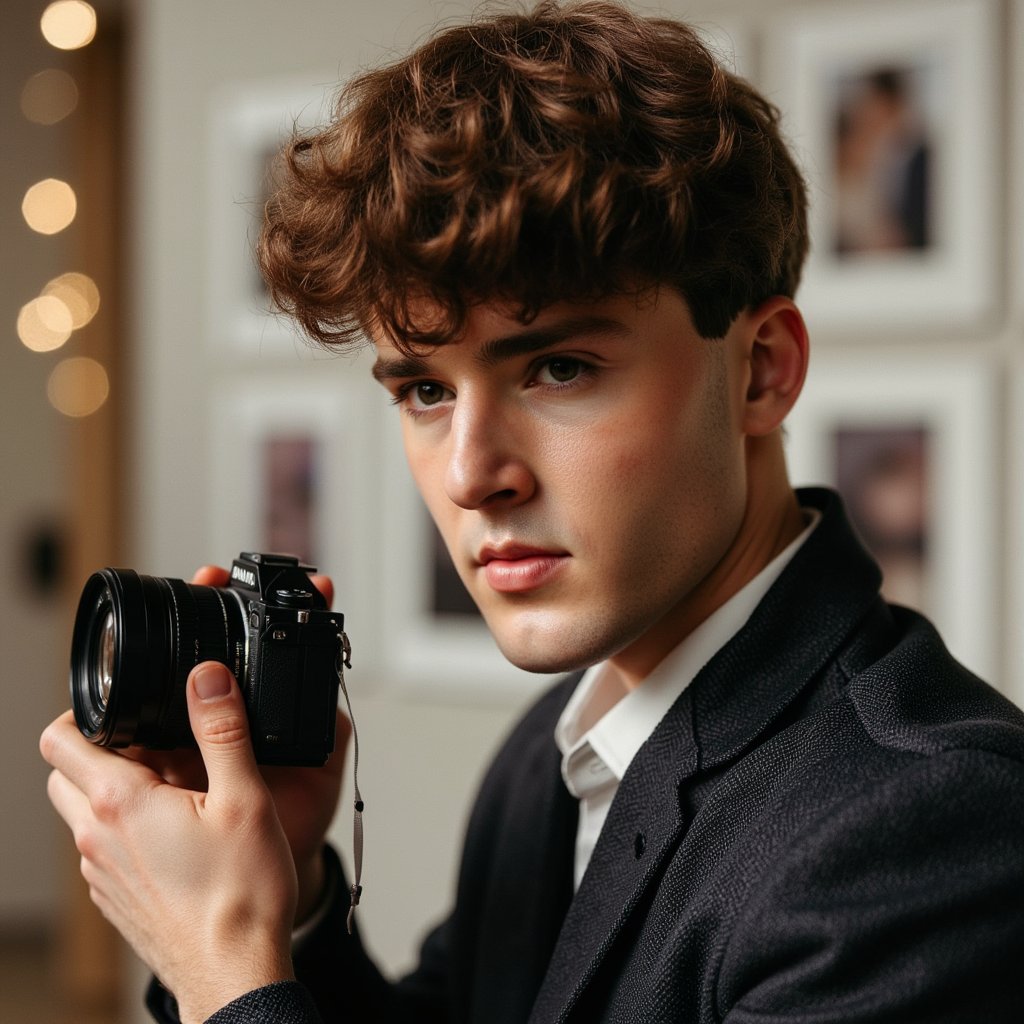 Professional-looking portrait of a male photographer adjusting camera settings, side profile, shallow depth of field, modern creator look