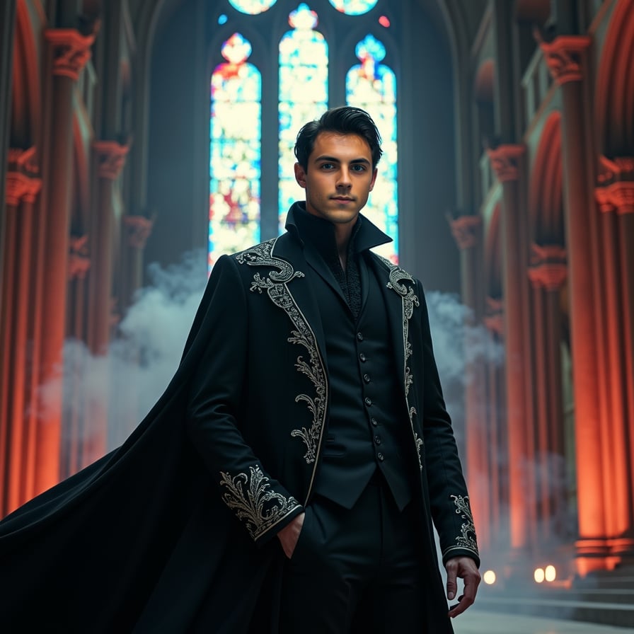 Show a vampire prince standing in a grand, gothic cathedral with tall stained-glass windows casting colored light on his pale face. He has an elegant, dark suit with silver embroidery, and his dark hair is styled in a timeless way. His gaze is intense and proud as he stands under the towering arches. The scene is majestic yet haunting, with an ethereal, almost holy light illuminating his face