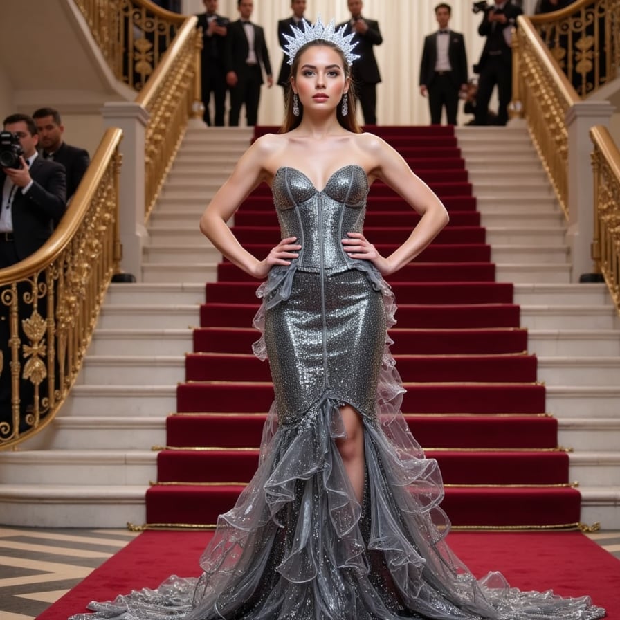 A Met Gala ensemble featuring a glass corset, liquid-metal skirt, and a glowing crystal crown — sci-fi royalty meets haute couture