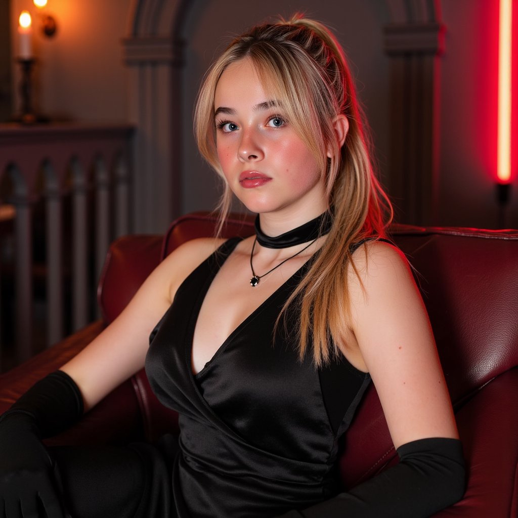 Medium shot at eye level, 50 mm prime lens, f/1.8, ISO 320, 1/125 s. Primary light: a low-key tungsten bulb with barn doors positioned 45° camera-left at chest height, producing a split-light effect — left side of her face warmly lit, right side in gradual shadow falloff. Secondary light: a vertical red neon tube two meters behind her to camera-right, its glow refracting subtly in her hair and creating a faint rim along her right shoulder. Hair is tied into a high ponytail, smooth and glossy, with a few loose strands catching both light sources differently — tungsten giving golden warmth, neon adding a crimson highlight. Attire: black satin slip dress with a bias-cut drape, the weave producing minute specular ripples along folds; a velvet choker with an onyx pendant reflecting a pinpoint of neon red; sheer opera gloves revealing faint skin tone and vein structure beneath. She reclines in a deep burgundy leather chaise, the grain and creases rendered sharply where lit. Shadows fall naturally toward the chaise armrest and floor. Depth of field isolates her upper torso and face in tack-sharp focus; background gothic arch and candelabra blur into large, rounded bokeh shapes due to the wide aperture. Ambient air carries the faintest haze, giving the neon a soft bloom without overpowering the highlights. Highly detailed, highly realistic, HDR.