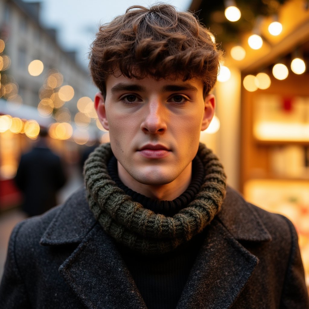 Head-and-shoulders portrait of a man at a Christmas market, framed slightly off-center. He wears a charcoal wool peacoat and a textured olive knit scarf wrapped neatly.
Hair: styled with matte texture; short beard with crisp definition.
Lighting: warm market stall lights from behind creating golden rim light, with soft diffused key from the front.
Background: blurred warm bokeh from market booths and string lights—no clutter, clean, inviting glow.
Camera: 50mm f/1.6; highly realistic, highly detailed, HDR, revealing wool fibers, scarf stitching, and rich market light.