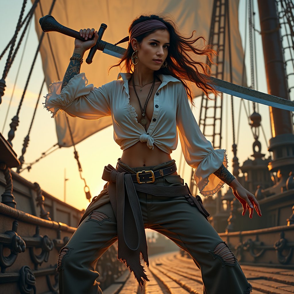 woman wielding a sword in a powerful, dynamic pose, dressed in rugged pirate attire with a flowing white shirt, billowy pants, and a wide leather belt, standing on the deck of a weathered pirate ship with tattered sails and a worn wooden hull, under the warm glow of a sunset with a hint of mist in the background, surrounded by ropes, anchors, and other nautical elements, with a sense of freedom and adventure.
