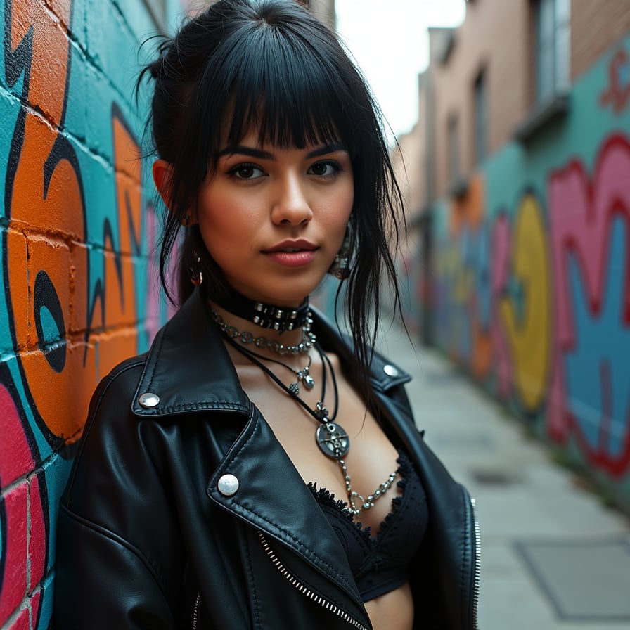 Punk style woman, graffiti alley, intricate details, noir vibe.