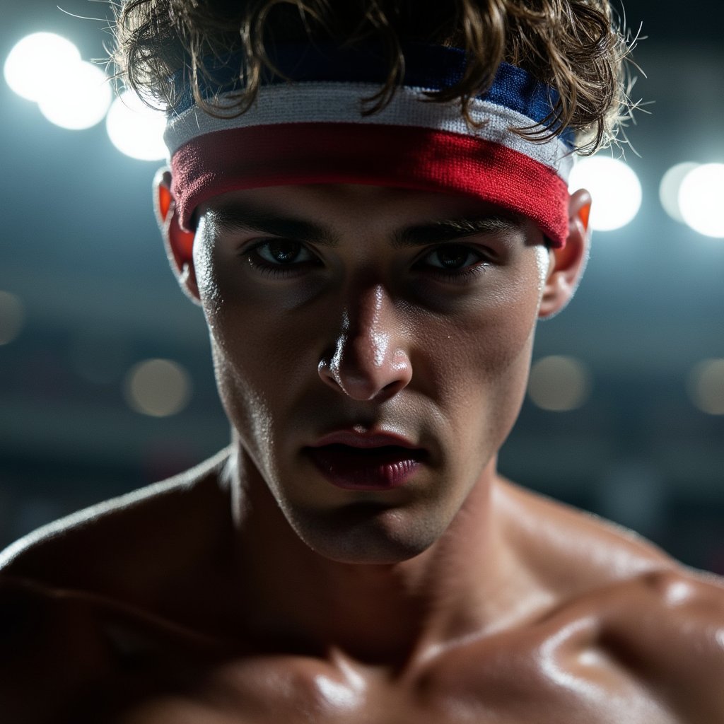 Close-up headshot of a determined athlete wearing a national flag bandana, sharp jawline and intense eyes, dark background with rim light outlining face
