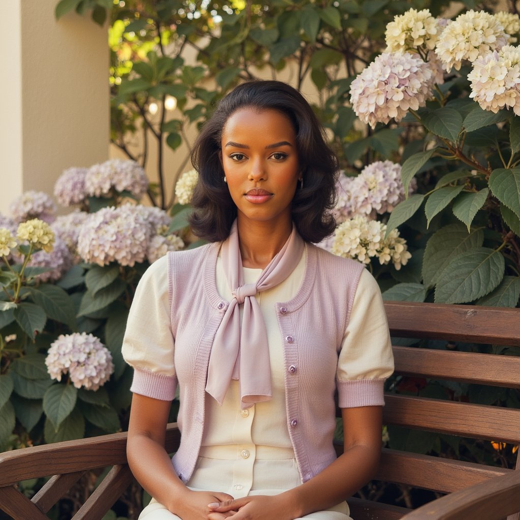 Highly detailed outdoor 1960s yearbook image of a girl seated on a wooden bench in the school’s garden, framed waist-up with a 50mm lens. She wears a cream blouse with puff sleeves in lightweight cotton, faint creases visible where her arms bend. Over it, a light cardigan in pale lilac, knitted with a delicate lace pattern, small pearl buttons fastened at the chest. Her hair is styled in shoulder-length curls with a silk scarf tied in a knot at the side. Skin is warm-toned with realistic sunlit glow on the cheekbones, a hint of mascara defining the eyes, and lips lightly tinted coral. She sits angled toward the camera, hands resting neatly in her lap, posture composed but relaxed. Background is softly blurred hydrangea bushes, their pastel blooms complementing her outfit, with golden-hour sunlight filtering through leaves.