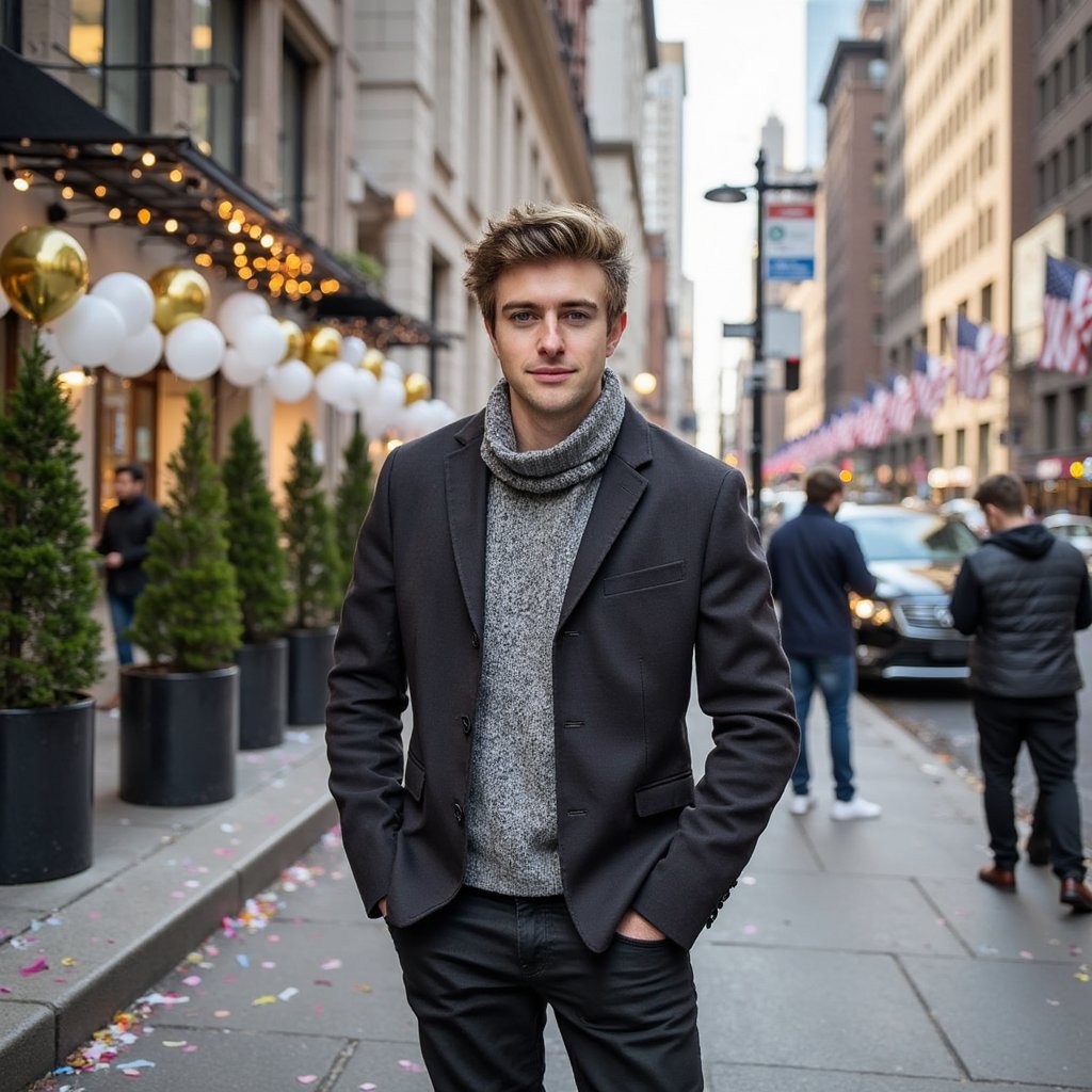Highly realistic, HDR AI-generated daytime New Year festive image, full-body shot of a man standing confidently in New York City on January 1st daytime. Wearing modern winter attire with a celebratory touch. Hair groomed, relaxed celebratory expression. Background shows New Year decorations, balloons tied to railings, confetti on streets, and people celebrating or taking photos. Clear cityscape, bright daylight, festive energy still present. Ultra high resolution, unmistakable New Year festival mood.