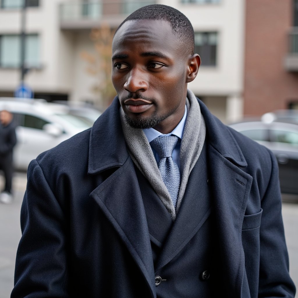 Highly realistic, highly detailed HDR image of a man journalist in a dark wool overcoat over a navy suit, gray scarf draped loosely; short neatly styled hair. Camera: 35mm lens, f/2.8, ISO 200, half-body, shot at slight upward angle outdoors. Lighting: bright overcast sky as giant softbox, natural catchlight in eyes, soft jawline shadow. Pose: holding handheld microphone toward unseen subject, expression focused and inquisitive. Background: blurred urban plaza with faint silhouettes of passersby, minimal clutter