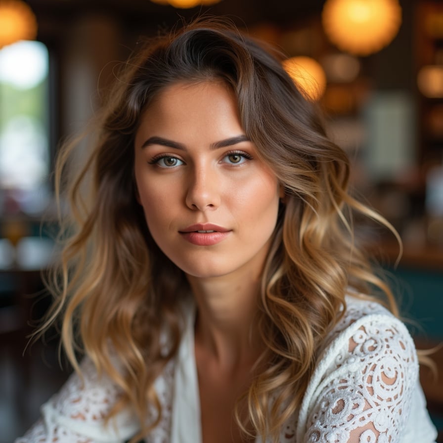 woman radiating confidence and charm. She is dressed in a stylish blouse or dress, with natural makeup and soft curls. The background is a softly lit café or a scenic outdoor setting. Her expression is inviting and cheerful, perfect for a dating profile